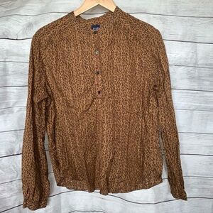 Gap Top Blouse Women’s Size L Brown Animal Print Button Front 100% Cotton